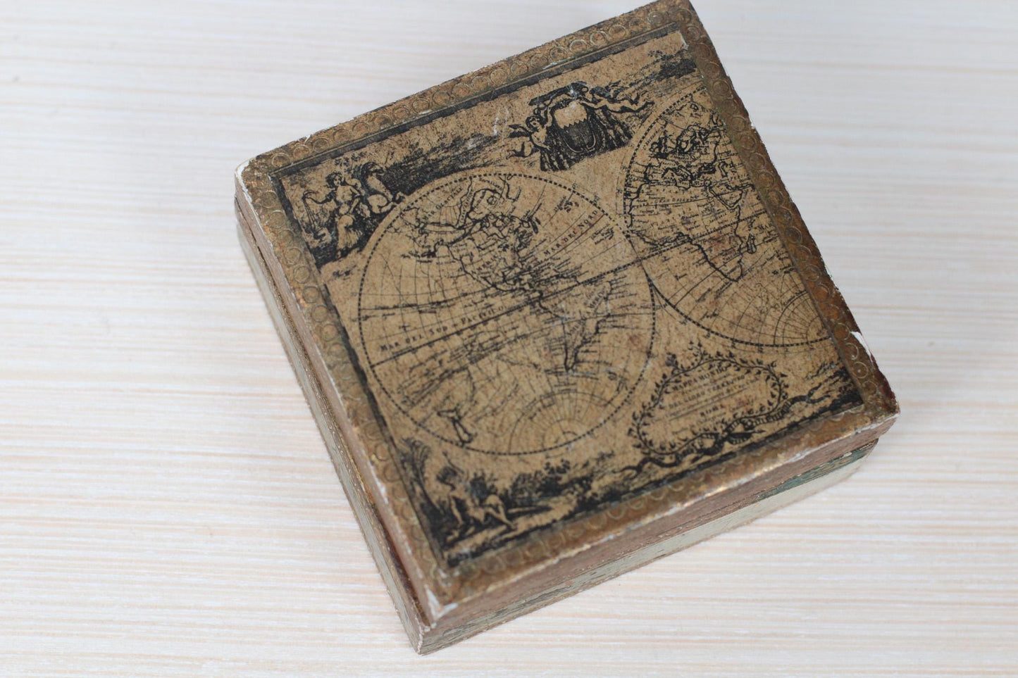 Vintage Italian Florentine Gilded Box with Antique World Map Motif