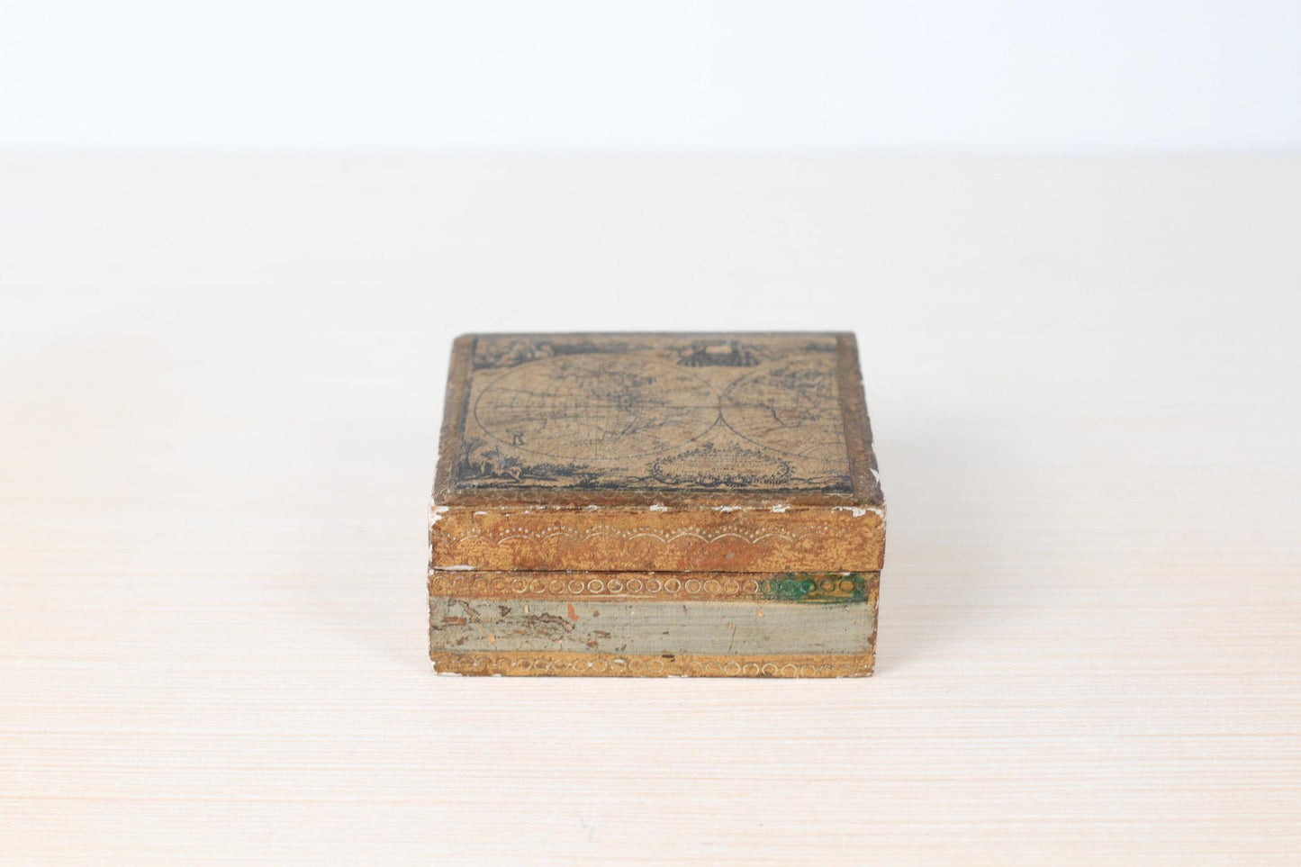 Vintage Italian Florentine Gilded Box with Antique World Map Motif
