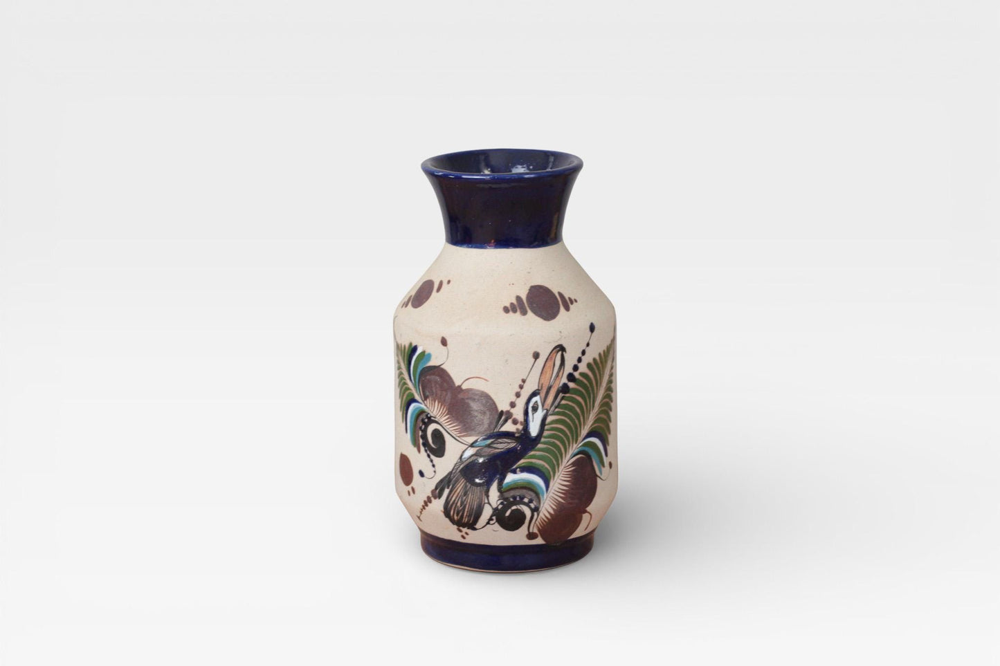 Vintage Hand-Painted Mexican Stoneware Vase with Toucan Motif | Latin American Folk Art