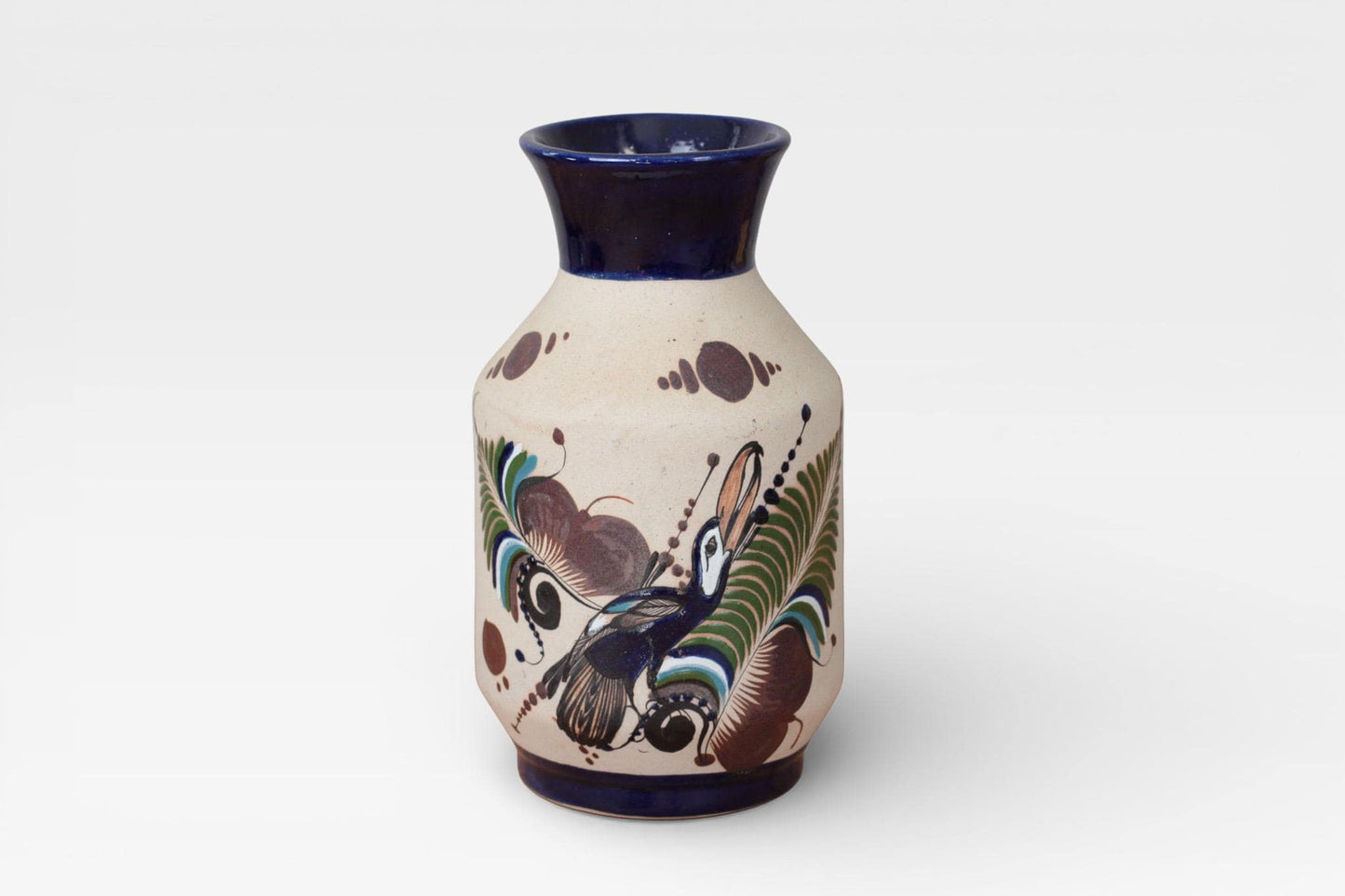 Vintage Hand-Painted Mexican Stoneware Vase with Toucan Motif | Latin American Folk Art