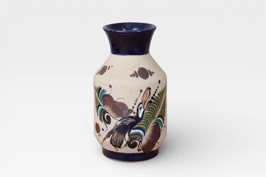 Vintage Hand-Painted Mexican Stoneware Vase with Toucan Motif | Latin American Folk Art