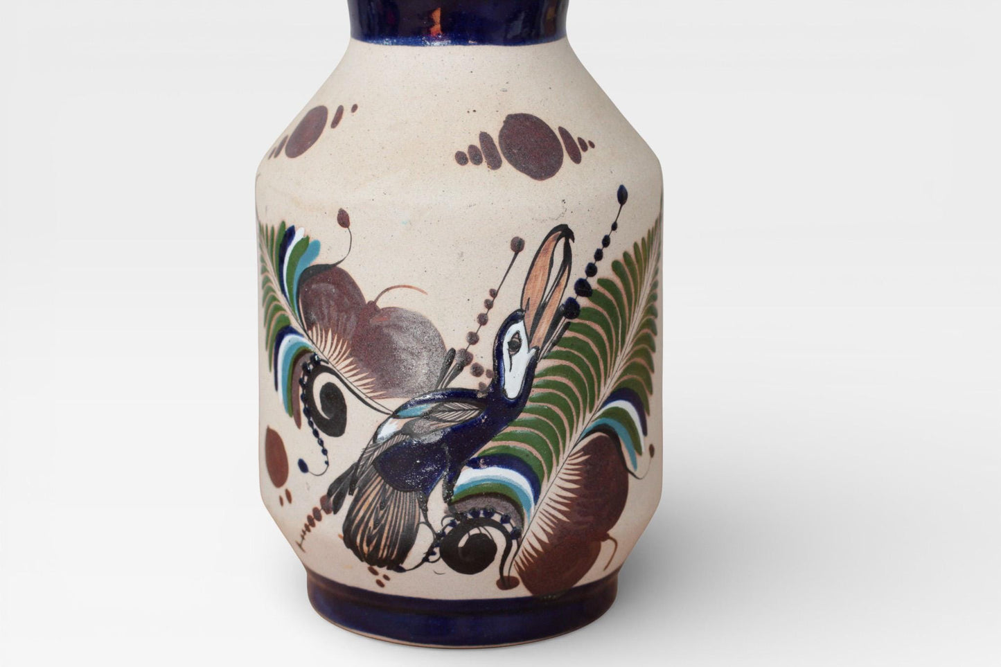 Vintage Hand-Painted Mexican Stoneware Vase with Toucan Motif | Latin American Folk Art