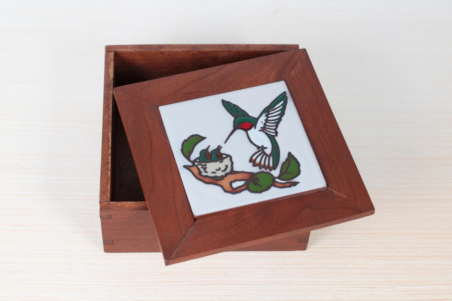 Vintage Wooden Box with Hummingbird Ceramic Tile Lid | Mid-Century Folk Art
