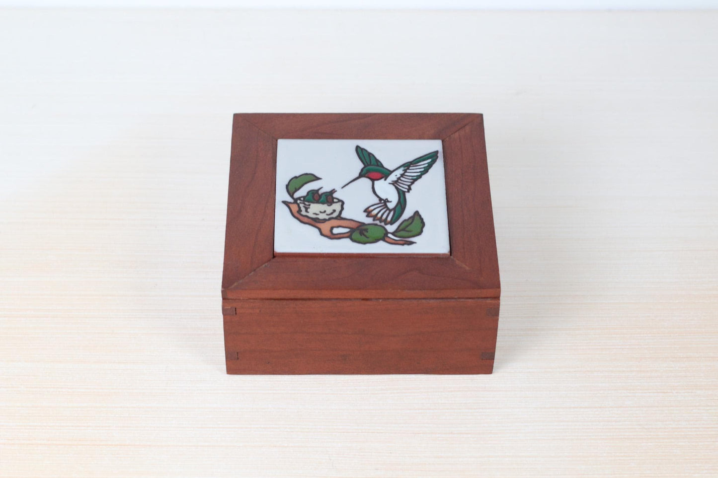 Vintage Wooden Box with Hummingbird Ceramic Tile Lid | Mid-Century Folk Art
