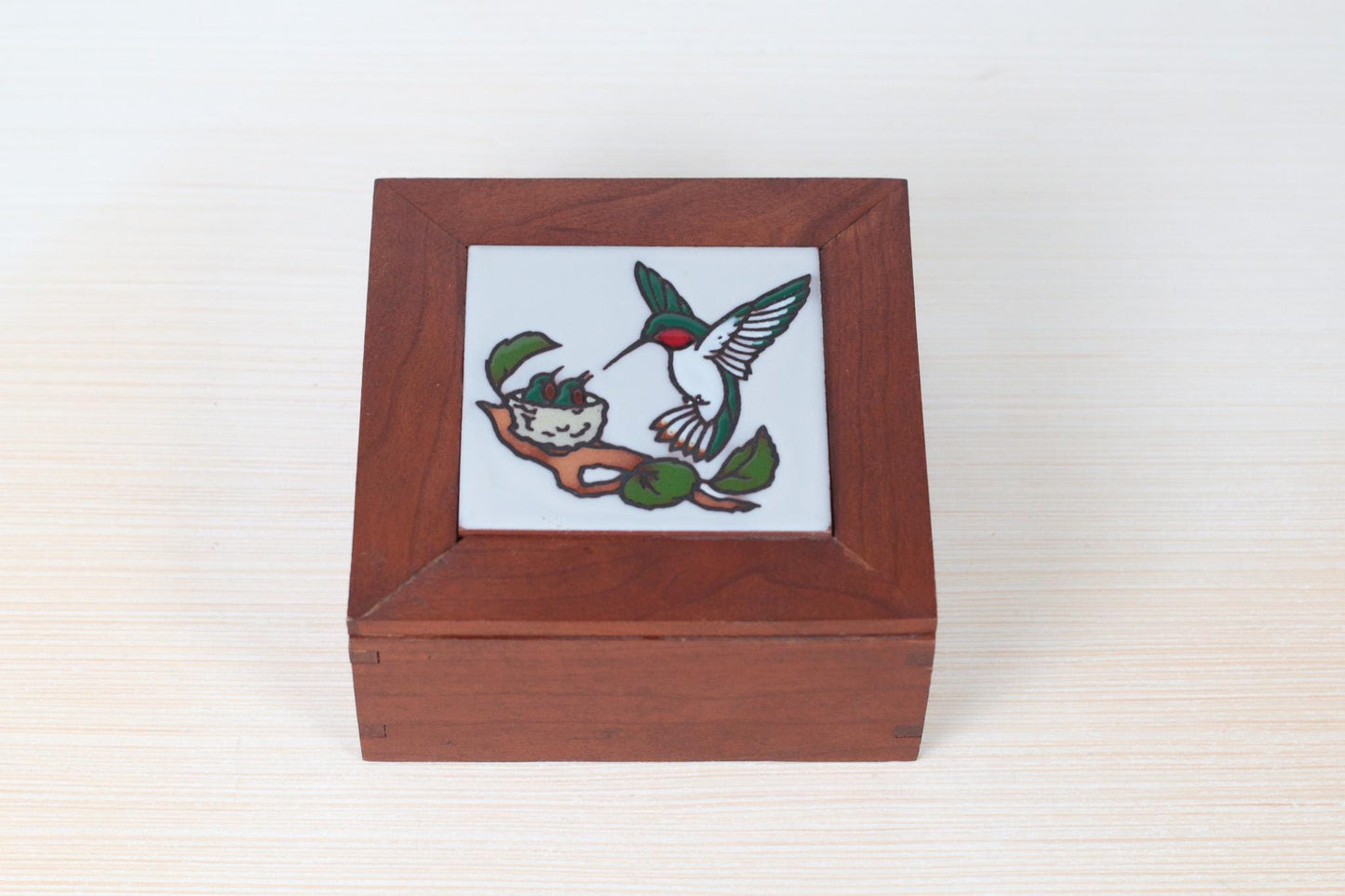 Vintage Wooden Box with Hummingbird Ceramic Tile Lid | Mid-Century Folk Art