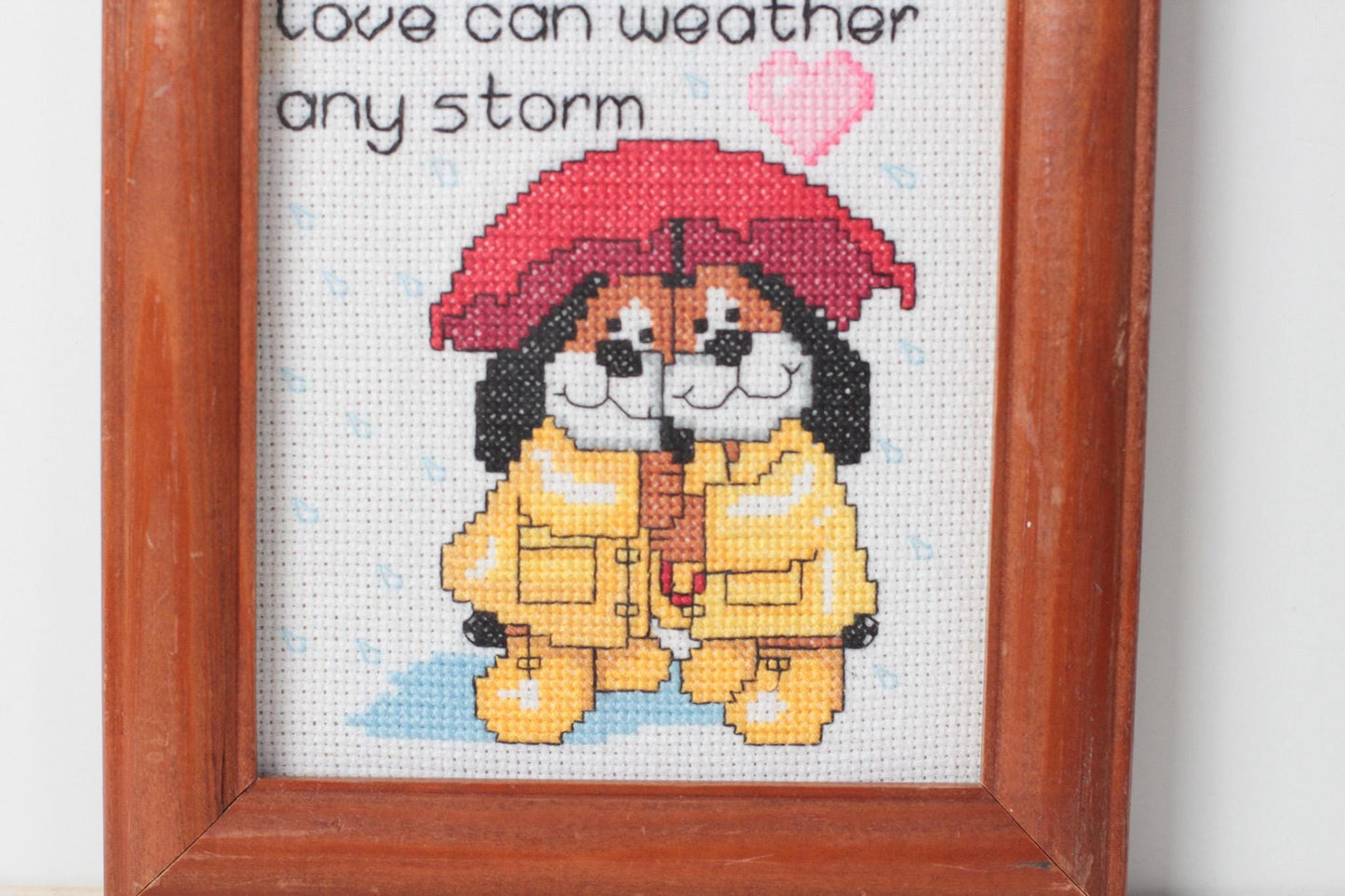 Vintage Framed Cross Stitch “Love Is Gentle” with Dogs Under Umbrella Heart