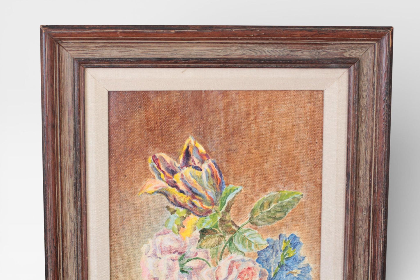 Vintage Floral Oil Painting in Wood Frame | Original Wall Art