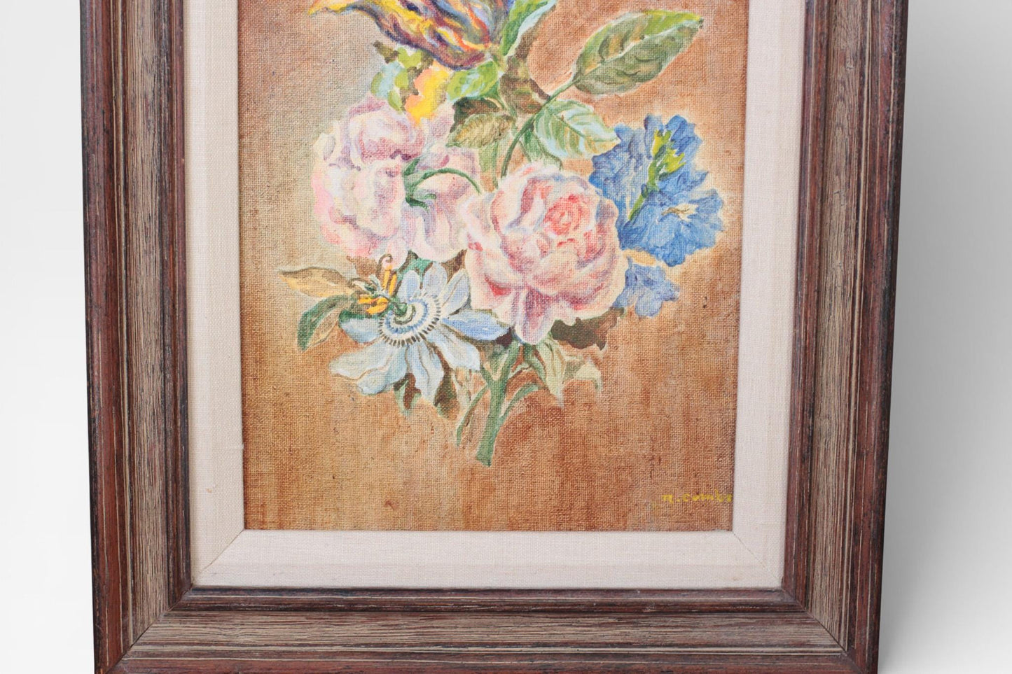 Vintage Floral Oil Painting in Wood Frame | Original Wall Art
