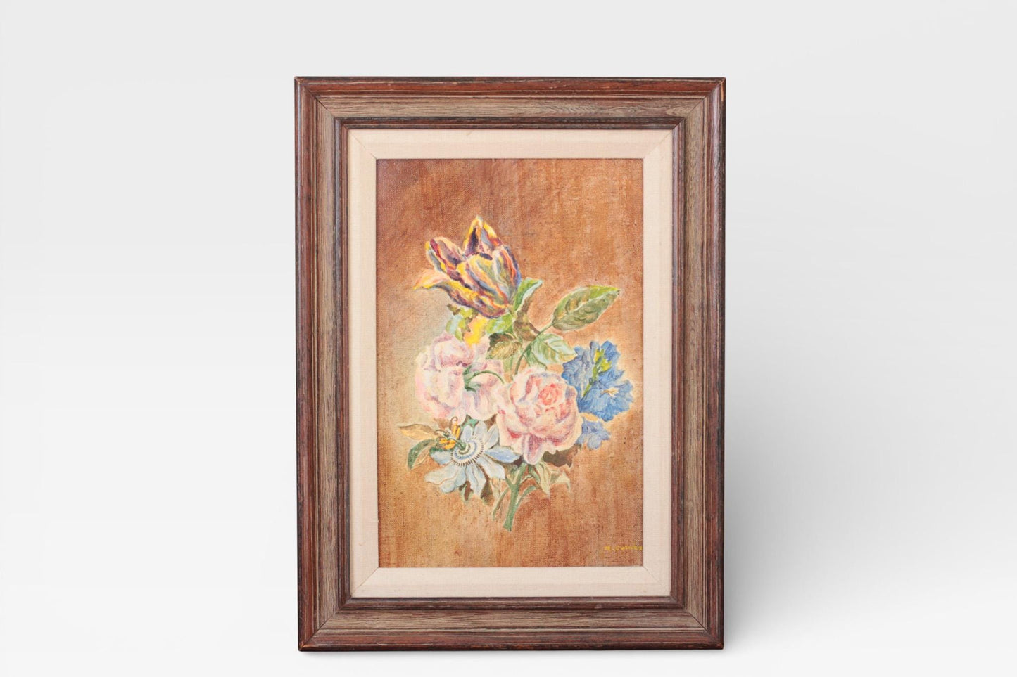 Vintage Floral Oil Painting in Wood Frame | Original Wall Art
