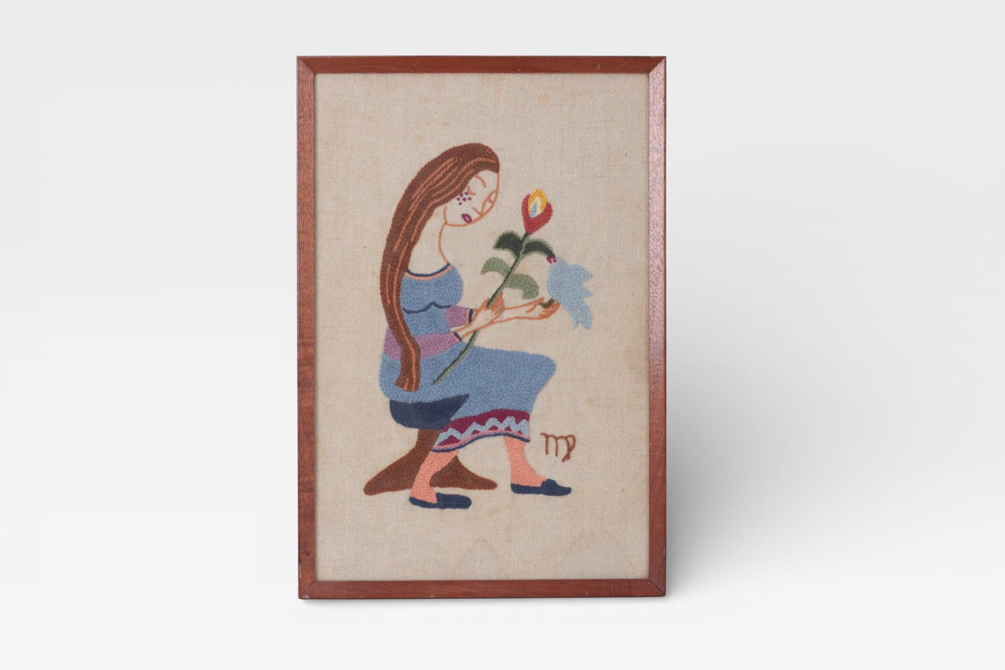 Vintage Framed Virgo Crewel Embroidery Wall Hanging