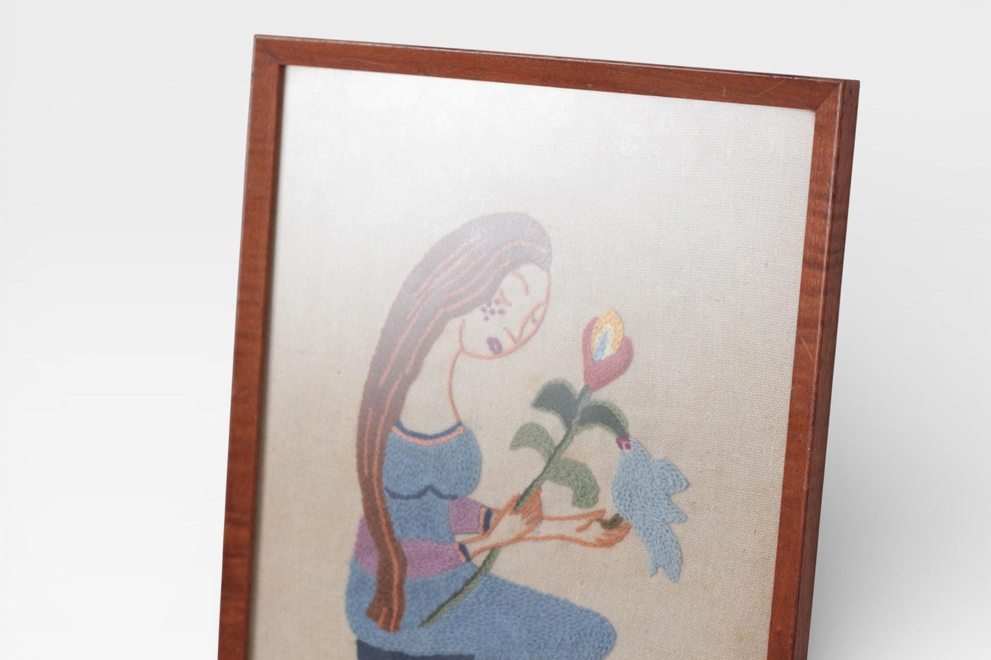 Vintage Framed Virgo Crewel Embroidery Wall Hanging