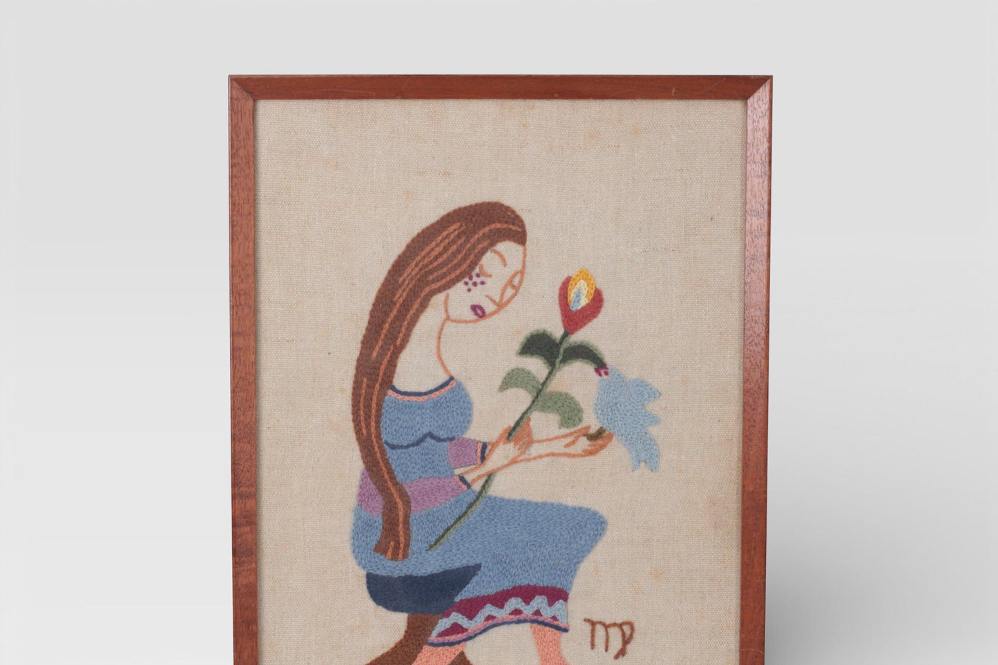 Vintage Framed Virgo Crewel Embroidery Wall Hanging