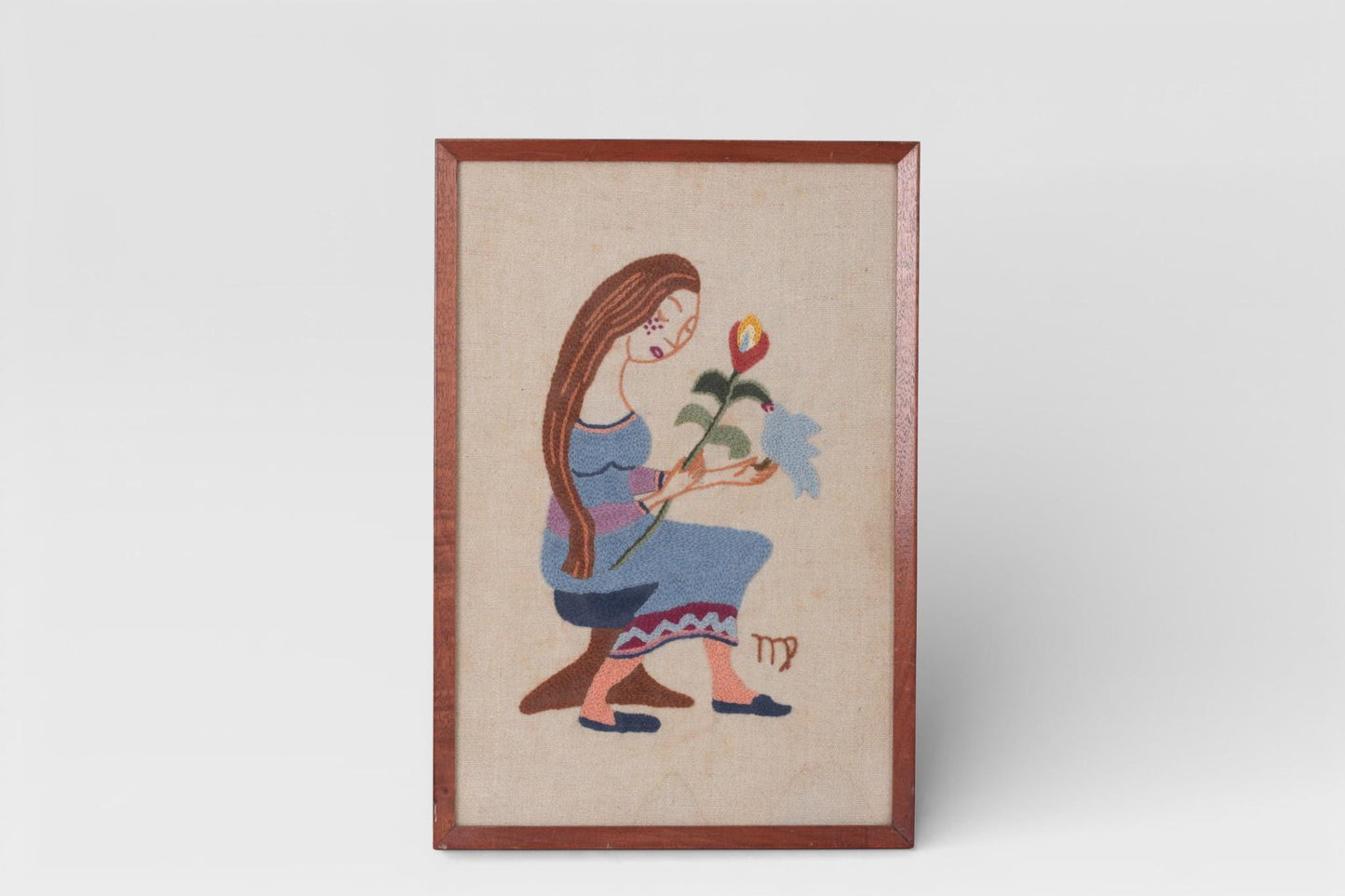 Vintage Framed Virgo Crewel Embroidery Wall Hanging