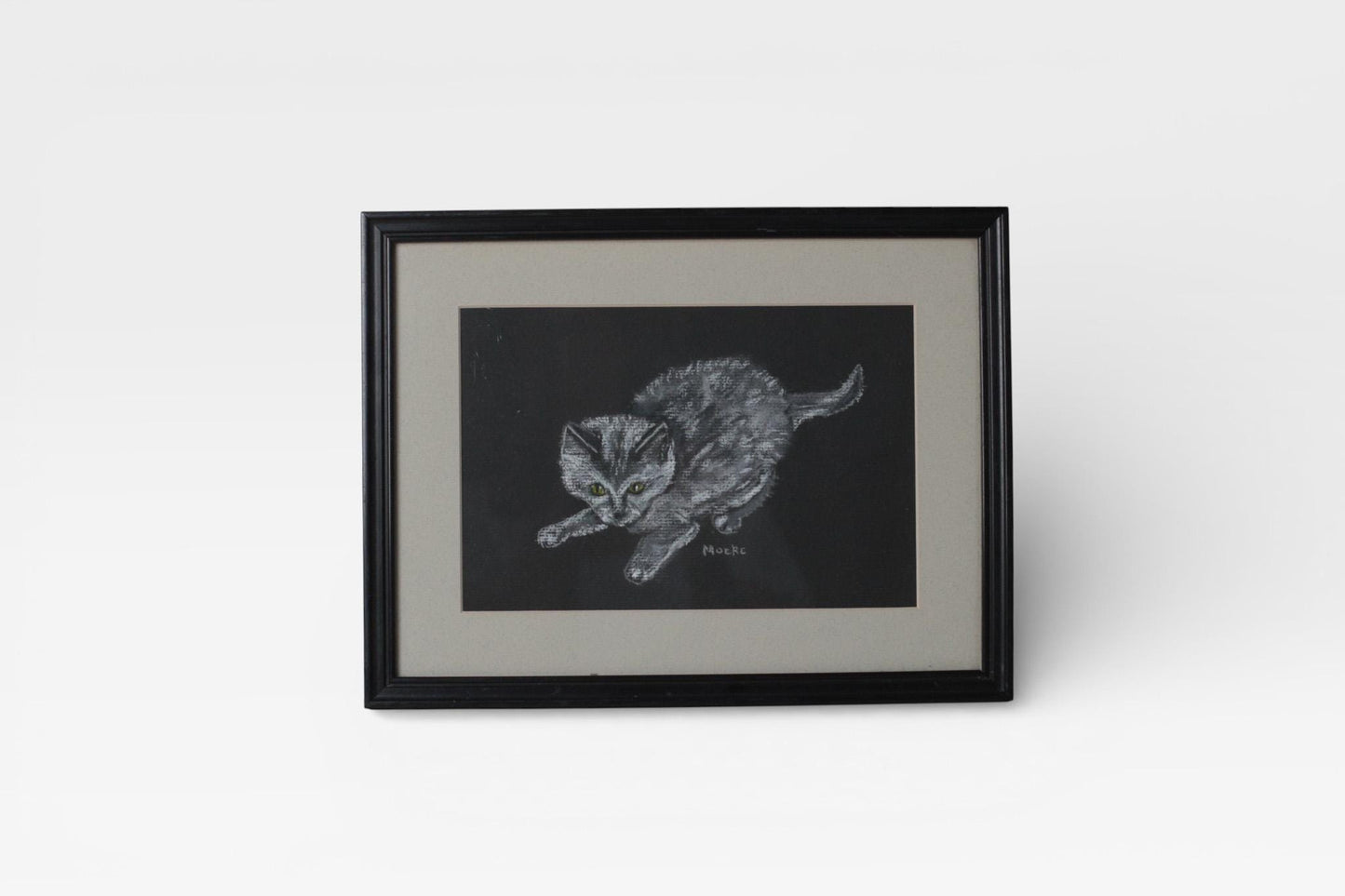Vintage Framed Pastel Cat Drawing | Signed by Artist