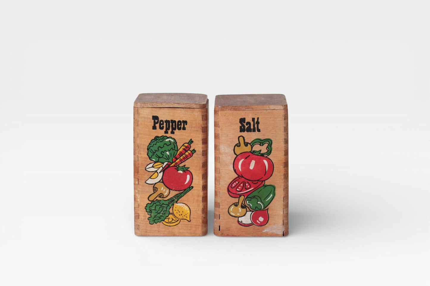 Vintage Wooden Salt & Pepper Shakers with Painted Vegetable Motifs