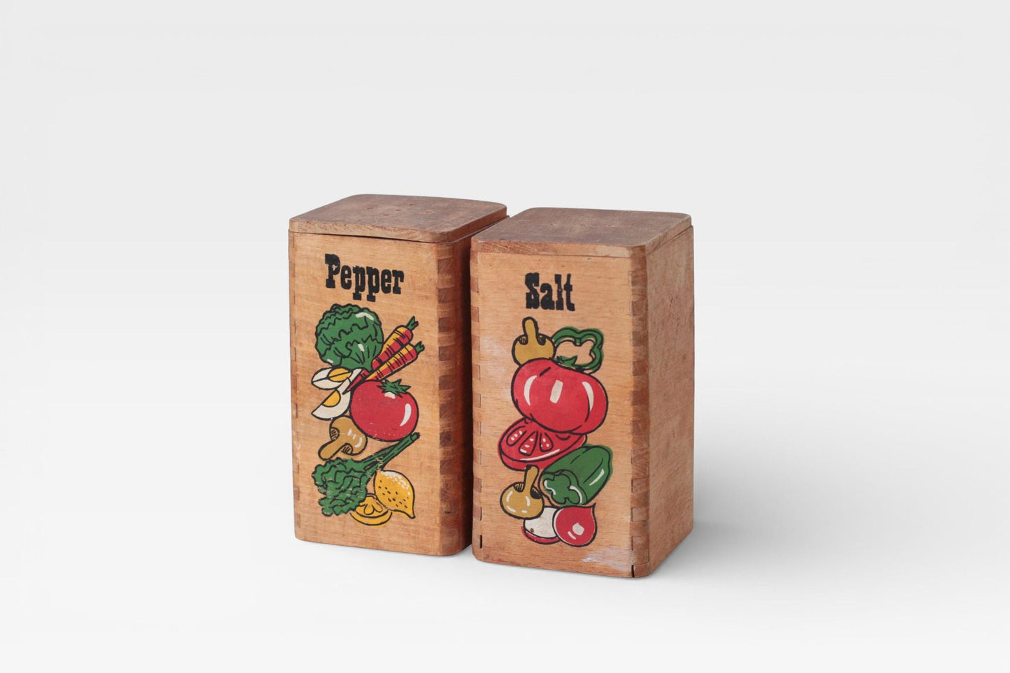 Vintage Wooden Salt & Pepper Shakers with Painted Vegetable Motifs