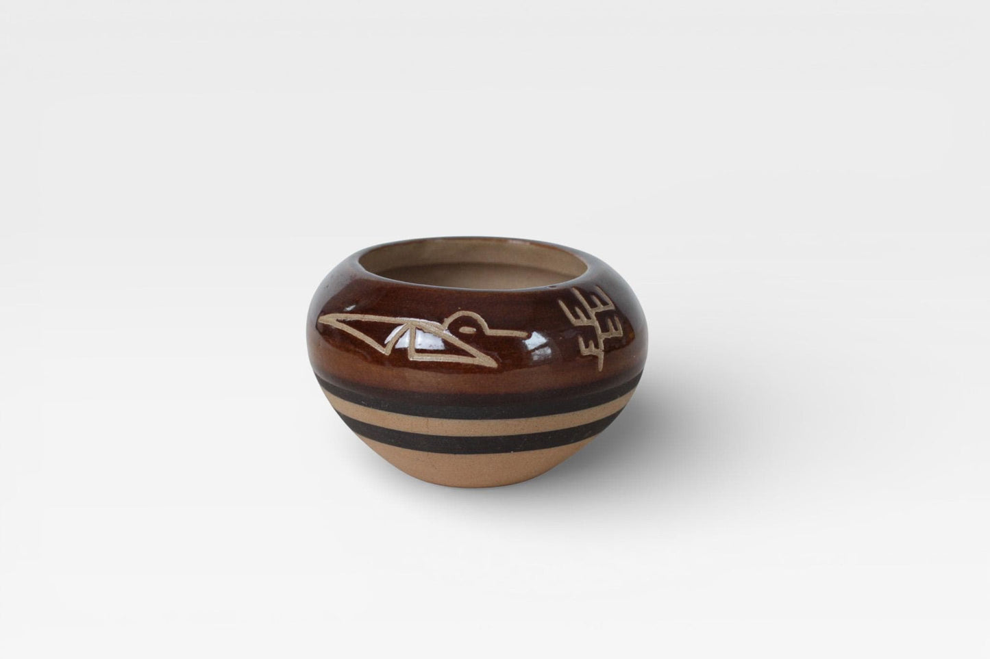 Vintage Handmade Saguaro Stoneware Bowl with Bird Motif | Southwestern Folk Art