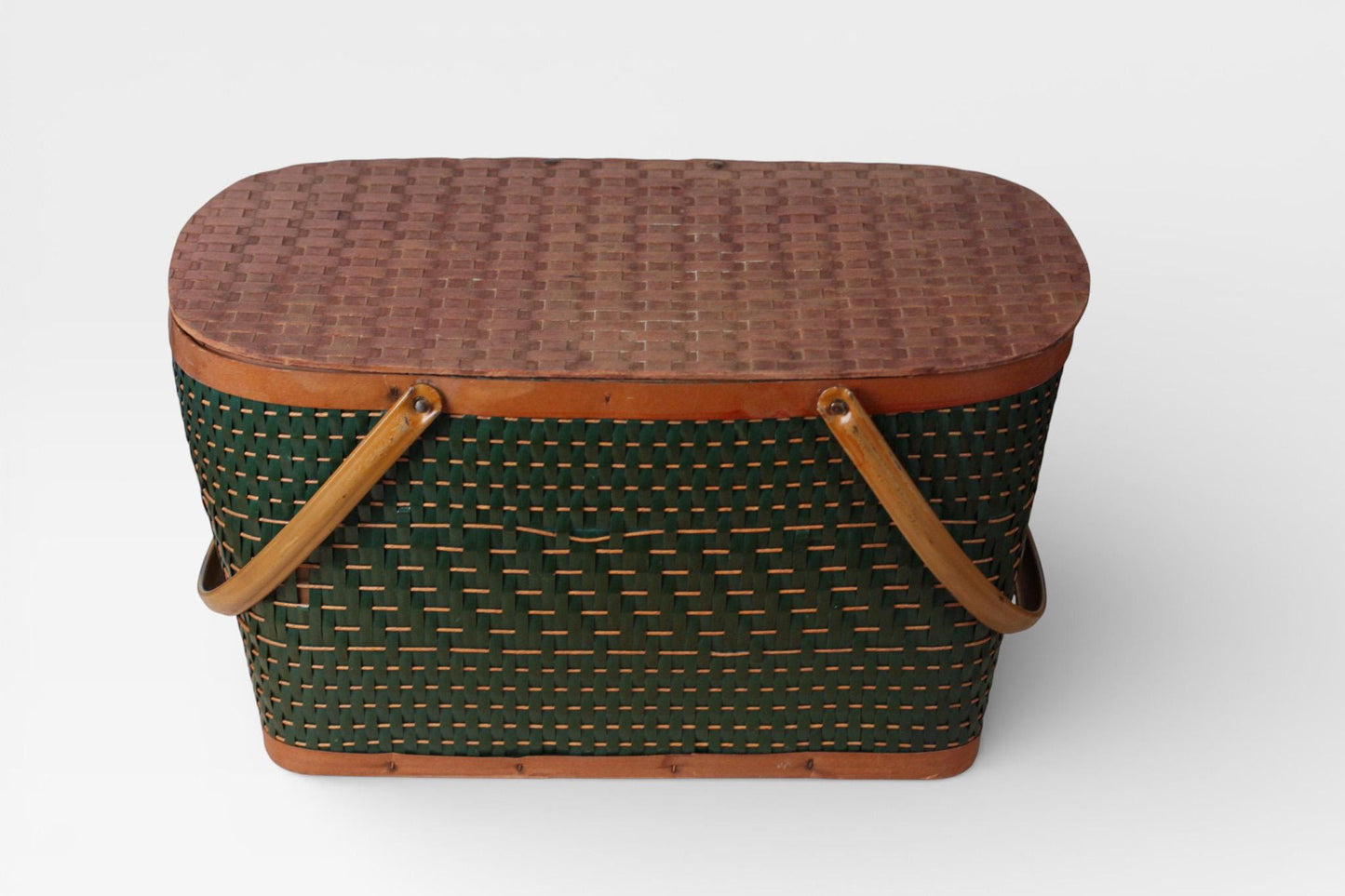 Vintage Green Woven Picnic Basket with Wood Lid & Metal Handles