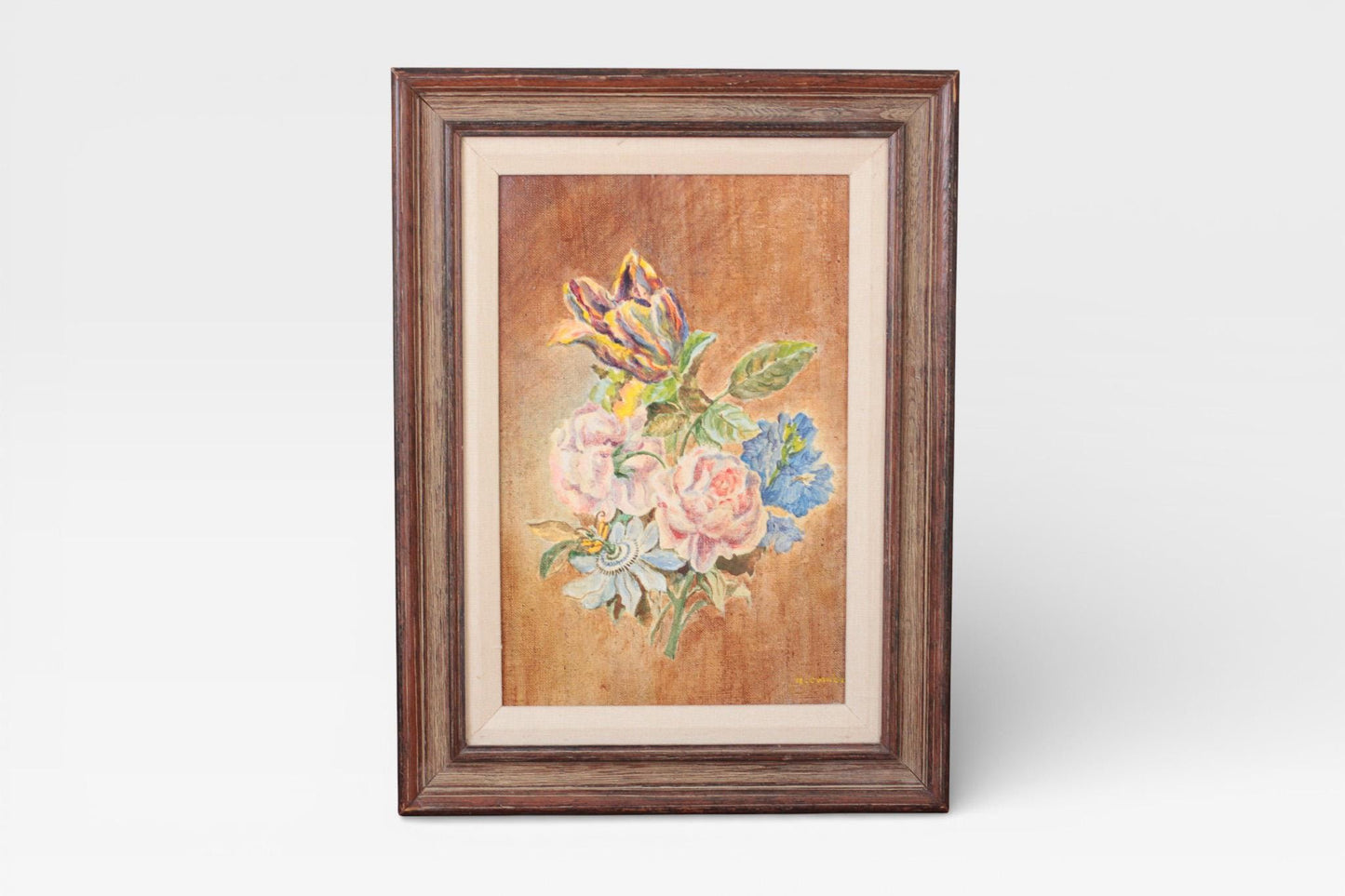 Vintage Floral Oil Painting in Wood Frame | Original Wall Art