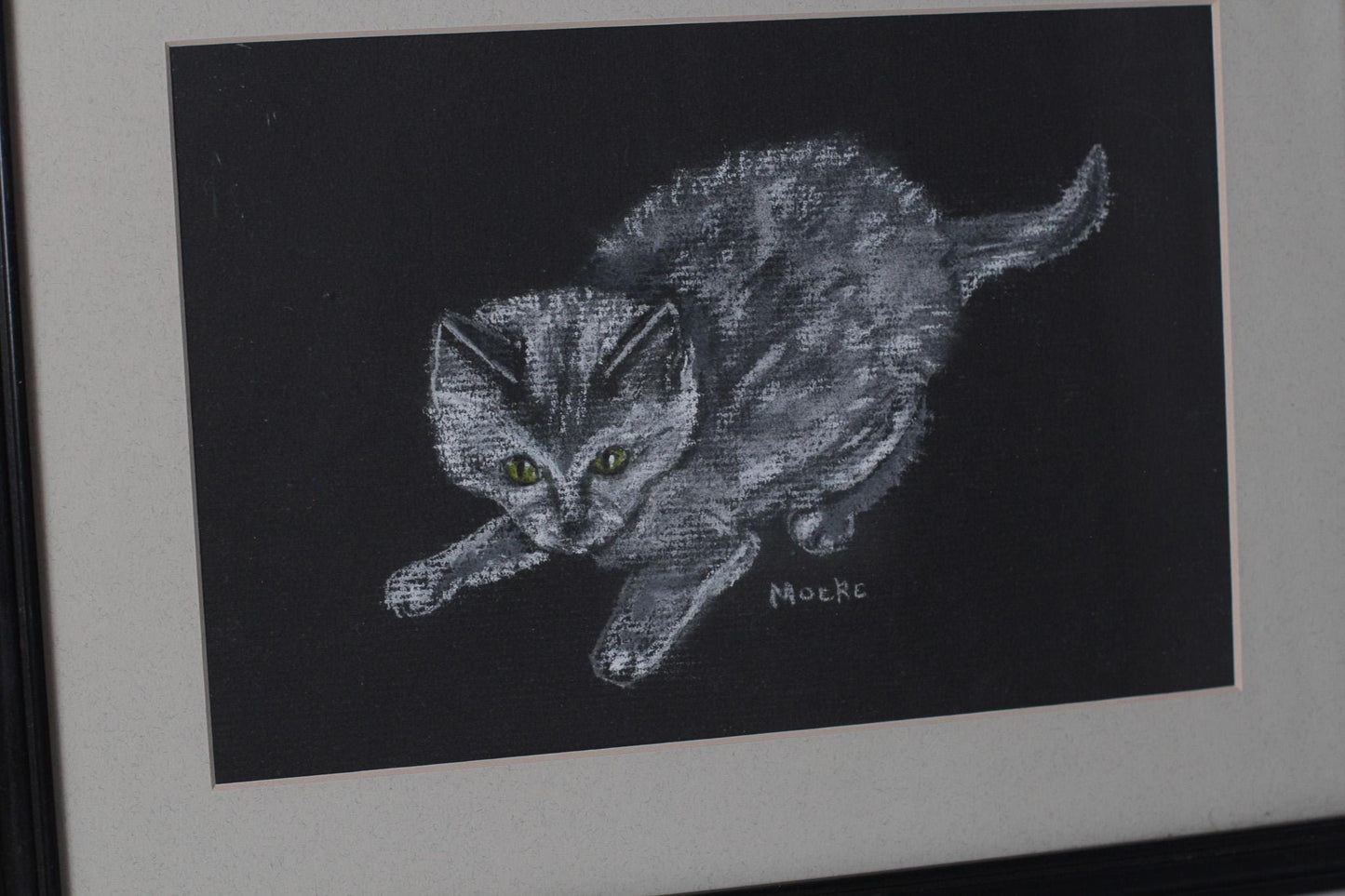 Vintage Framed Pastel Cat Drawing | Signed by Artist