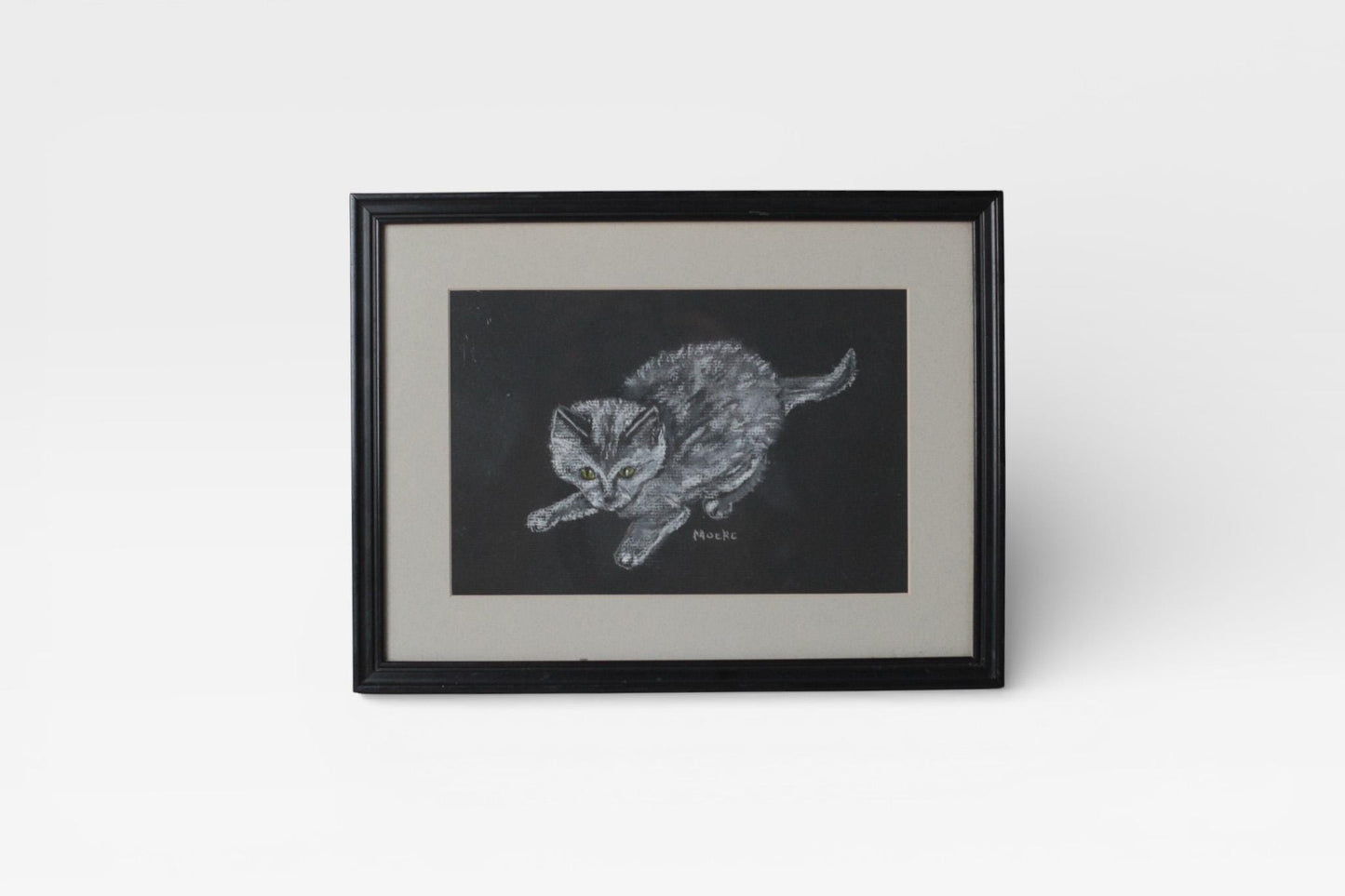 Vintage Framed Pastel Cat Drawing | Signed by Artist