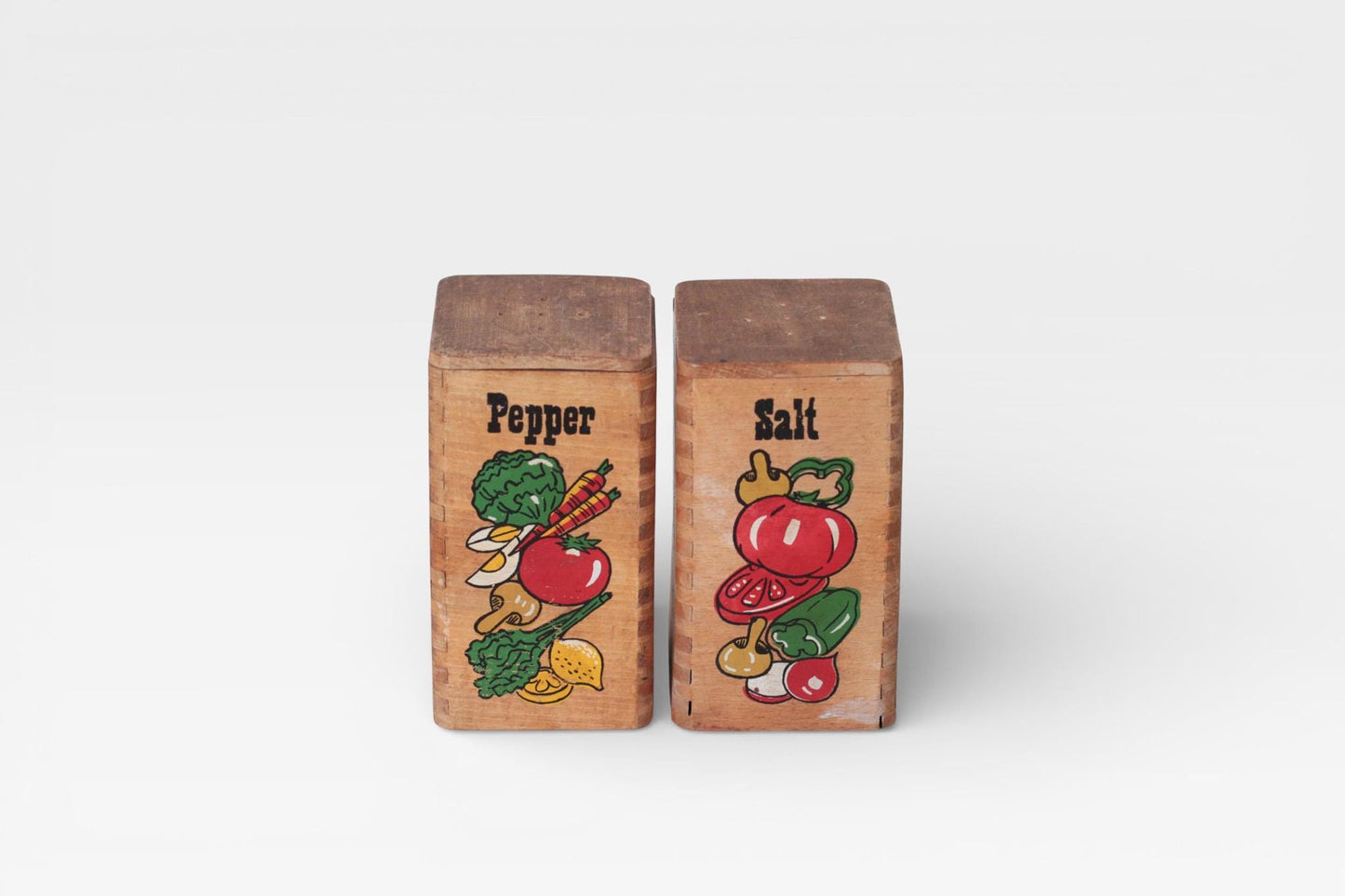 Vintage Wooden Salt & Pepper Shakers with Painted Vegetable Motifs