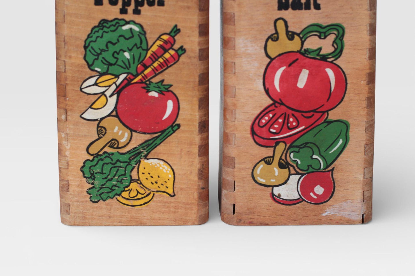 Vintage Wooden Salt & Pepper Shakers with Painted Vegetable Motifs