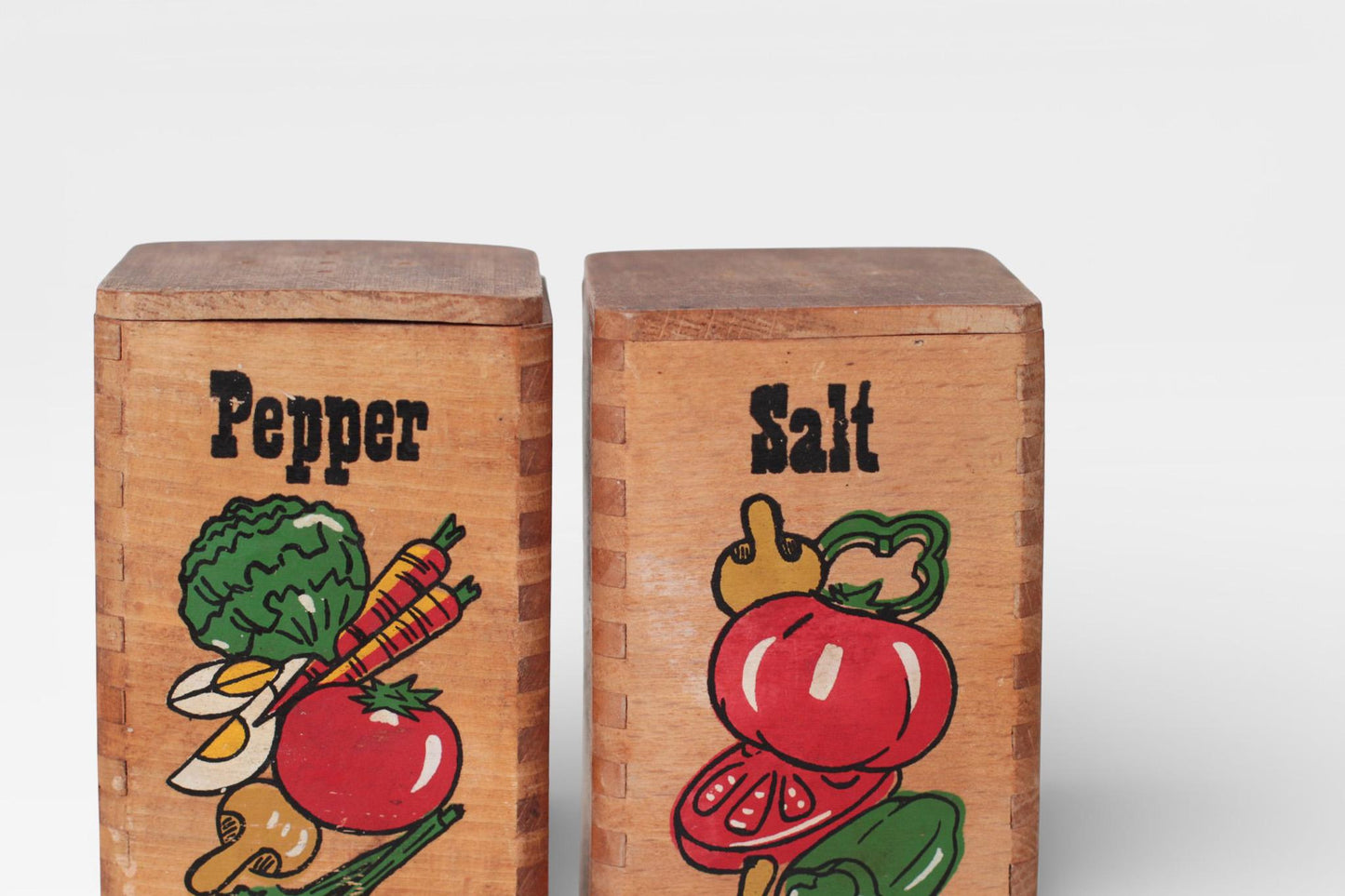 Vintage Wooden Salt & Pepper Shakers with Painted Vegetable Motifs