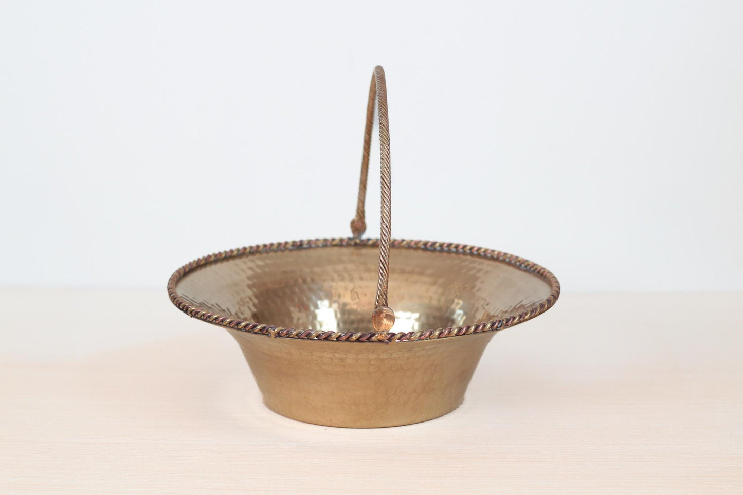 Vintage Large Hammered Brass Basket Bowl with Swing Handle