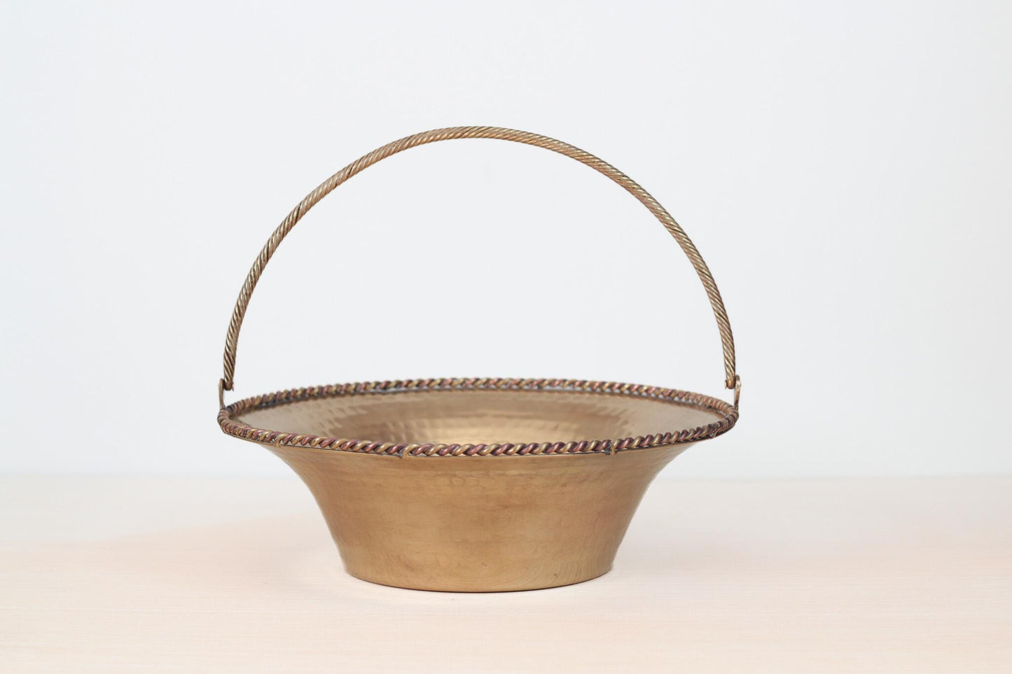 Vintage Large Hammered Brass Basket Bowl with Swing Handle