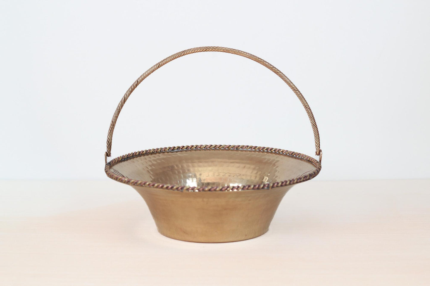 Vintage Large Hammered Brass Basket Bowl with Swing Handle