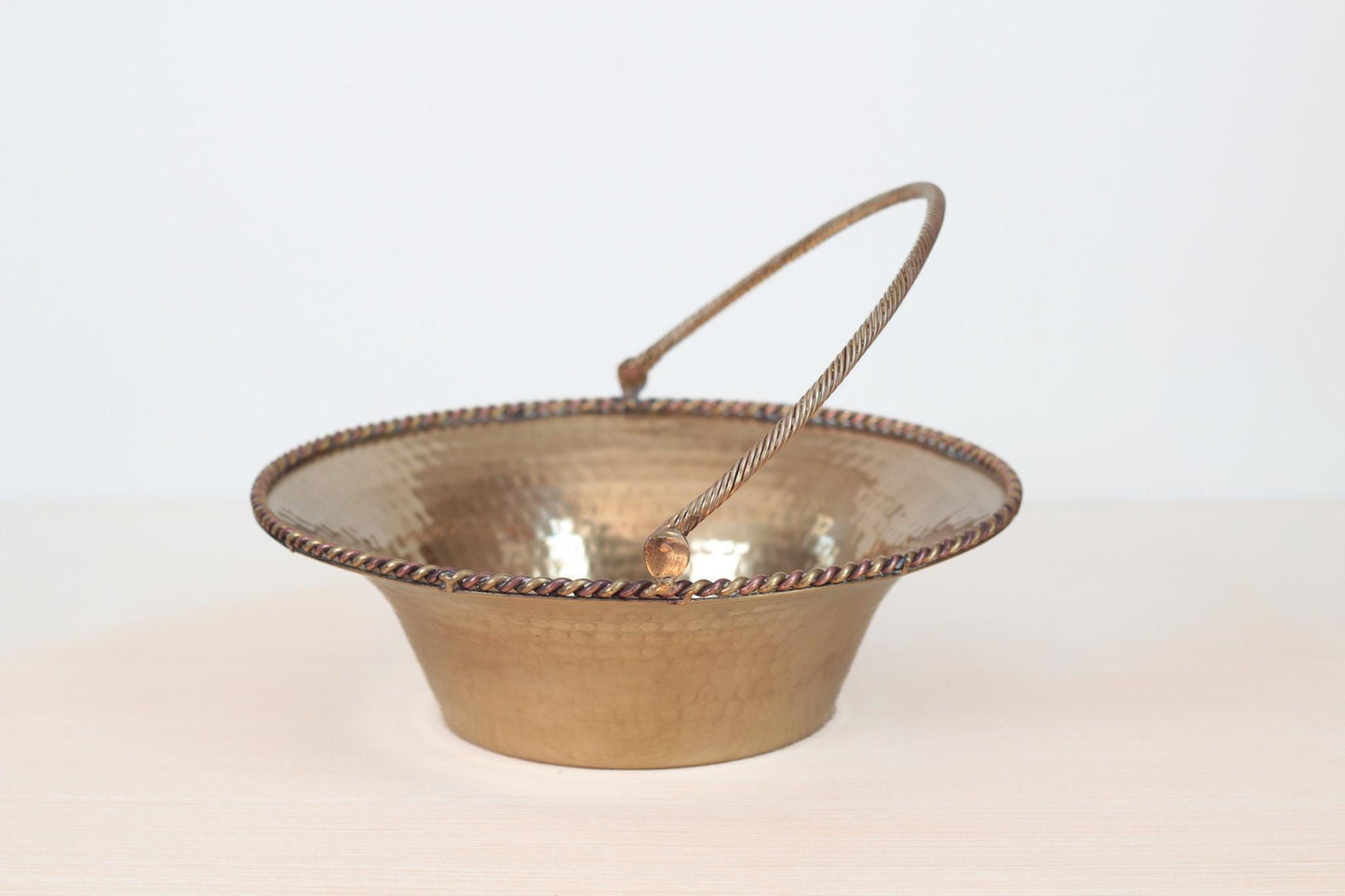 Vintage Large Hammered Brass Basket Bowl with Swing Handle