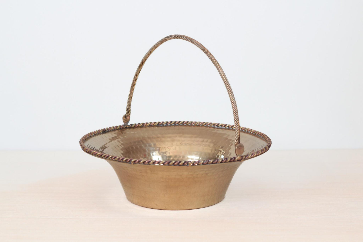 Vintage Large Hammered Brass Basket Bowl with Swing Handle