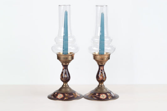 Vintage Enameled Solid Brass Candlestick Holders with Hurricane Glass | Dark Academia Decor