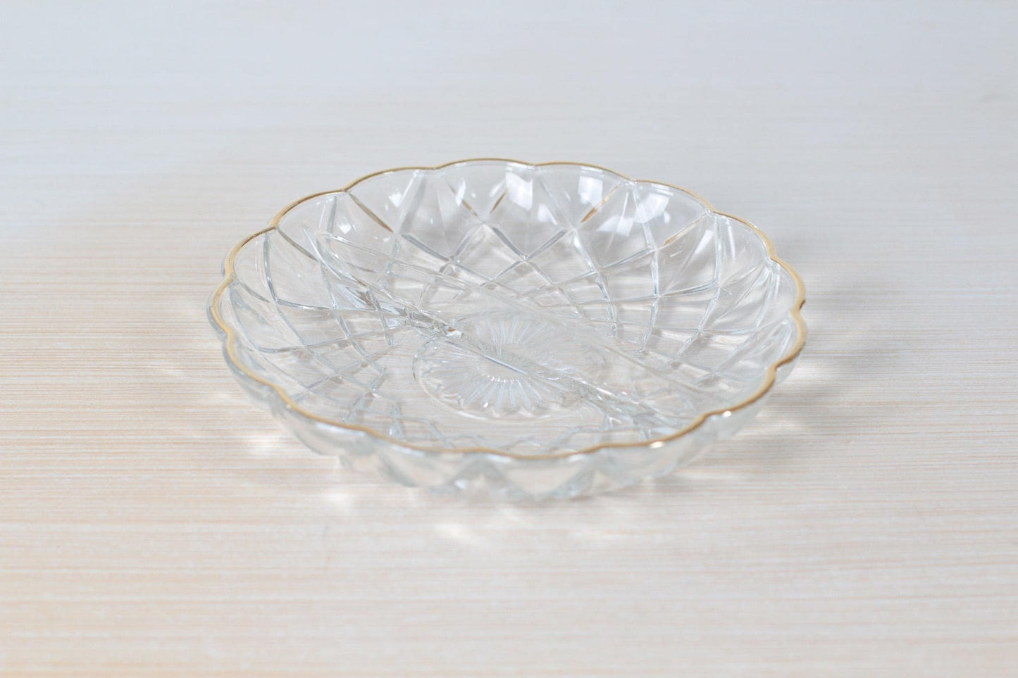 Vintage Pressed Glass Divided Dish with Gold Scalloped Edge