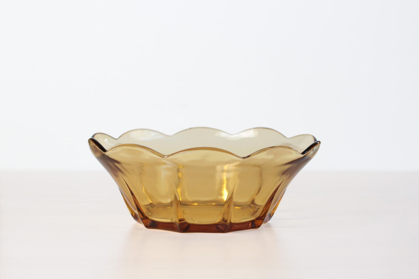 Vintage Set of Two Amber Glass Bowl Scalloped Edge | Mid-Century Glassware