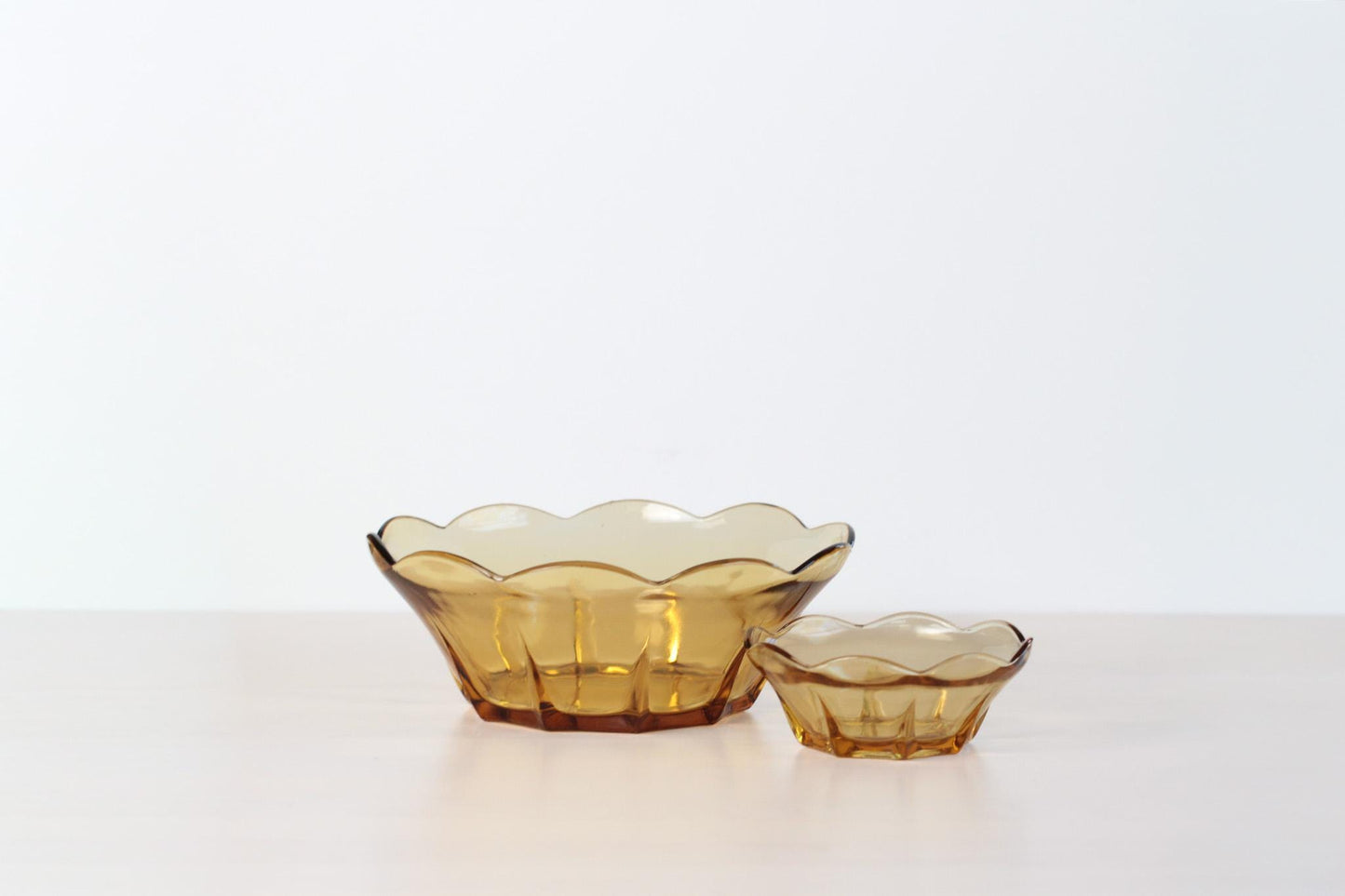 Vintage Set of Two Amber Glass Bowl Scalloped Edge | Mid-Century Glassware