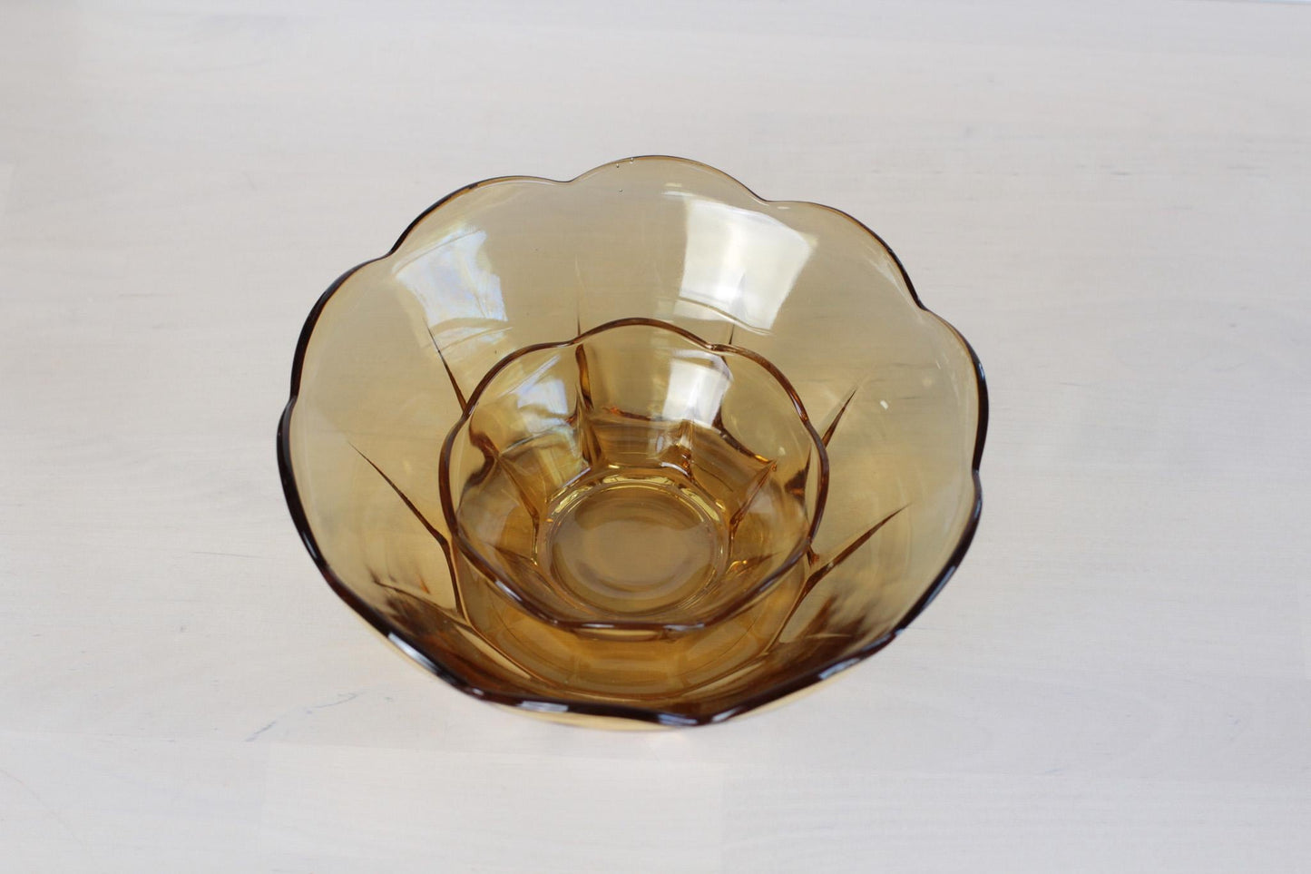 Vintage Set of Two Amber Glass Bowl Scalloped Edge | Mid-Century Glassware