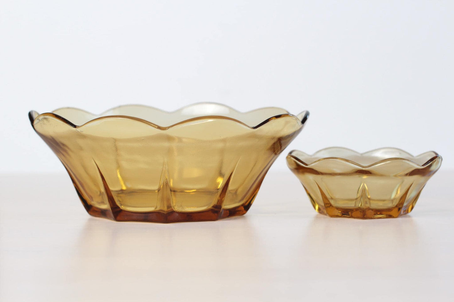 Vintage Set of Two Amber Glass Bowl Scalloped Edge | Mid-Century Glassware