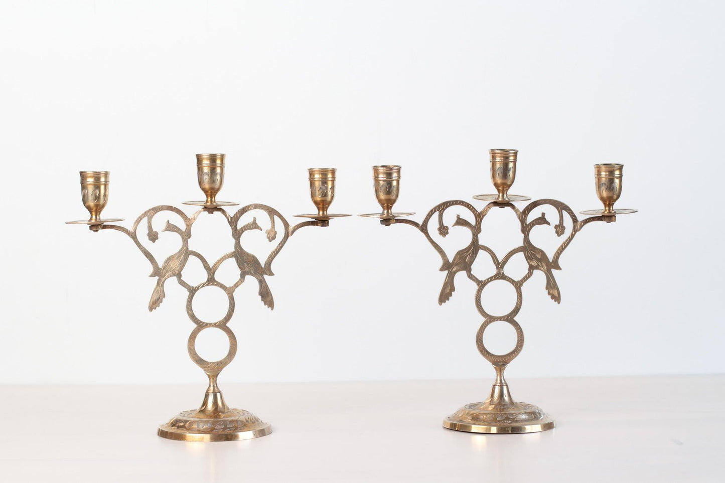 Vintage Brass Peacock Candelabras | Three-Arm Pierced Filigree Candleholder Set