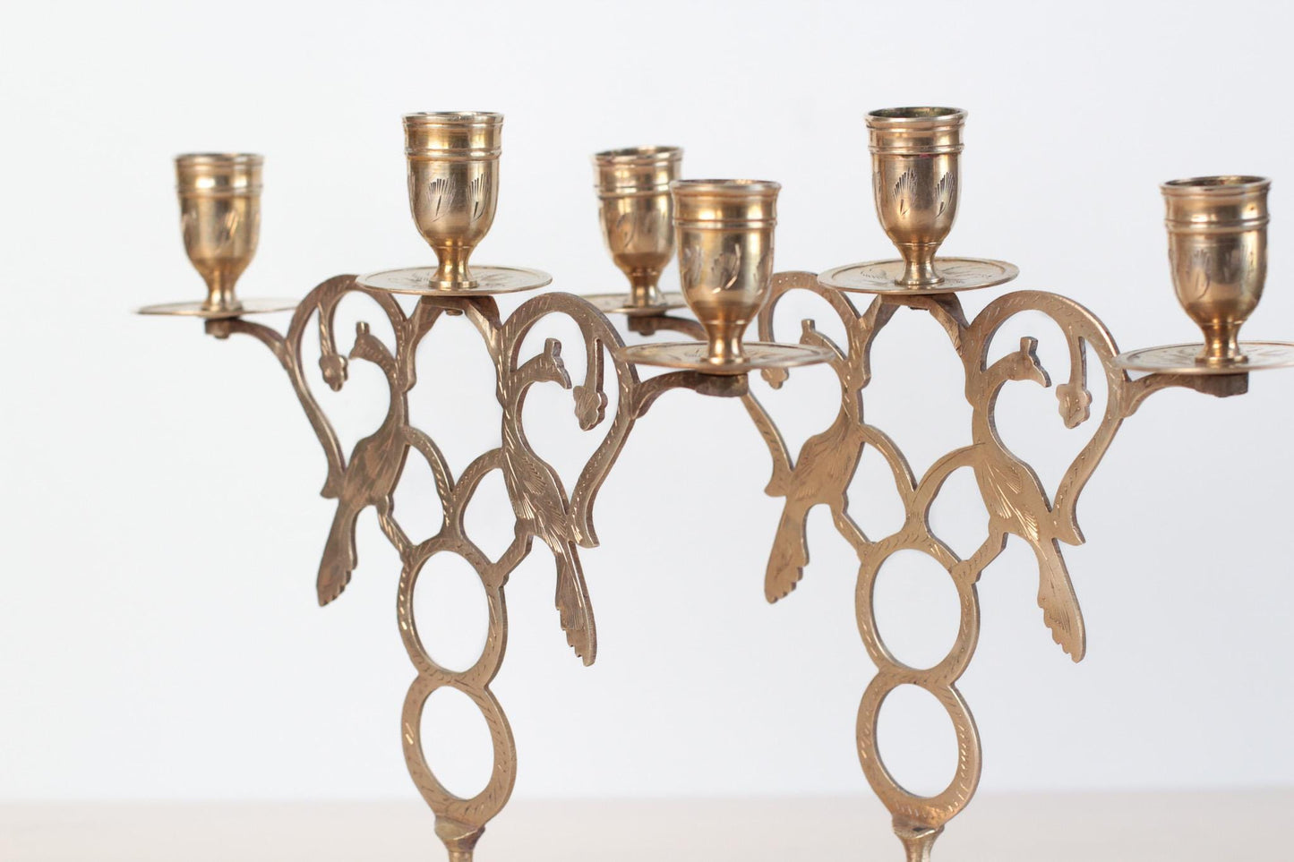 Vintage Brass Peacock Candelabras | Three-Arm Pierced Filigree Candleholder Set