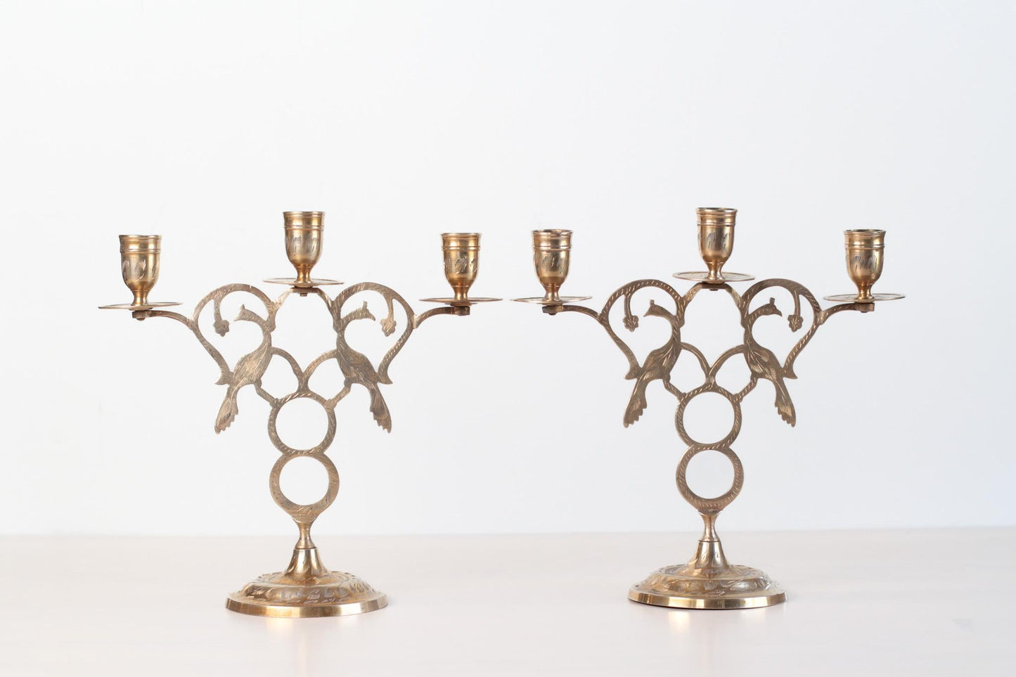 Vintage Brass Peacock Candelabras | Three-Arm Pierced Filigree Candleholder Set
