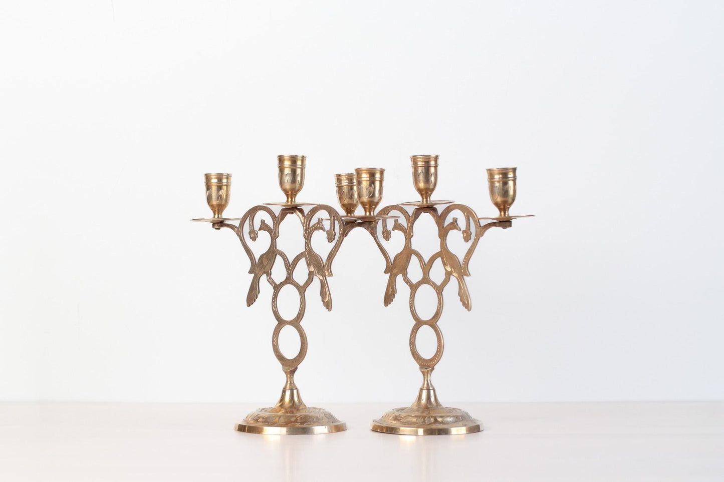 Vintage Brass Peacock Candelabras | Three-Arm Pierced Filigree Candleholder Set