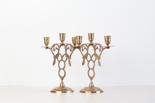 Vintage Brass Peacock Candelabras | Three-Arm Pierced Filigree Candleholder Set