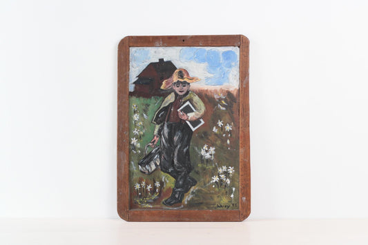 Vintage Original Painting on Slate Board Signed by Artist | Folk Art Decor