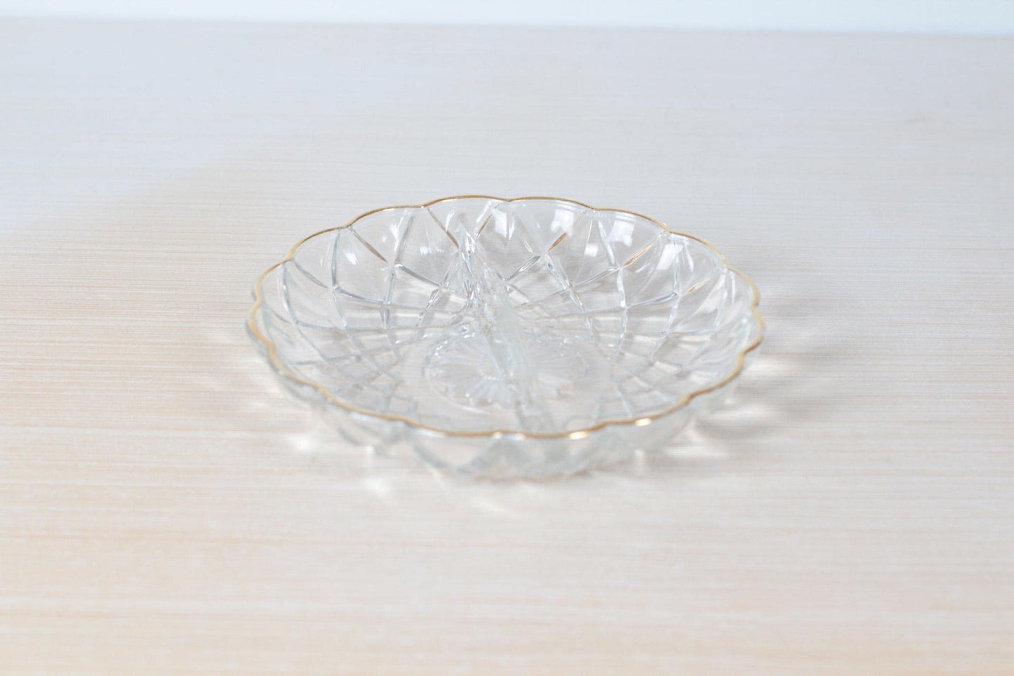 Vintage Pressed Glass Divided Dish with Gold Scalloped Edge