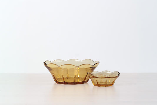 Vintage Set of Two Amber Glass Bowl Scalloped Edge | Mid-Century Glassware