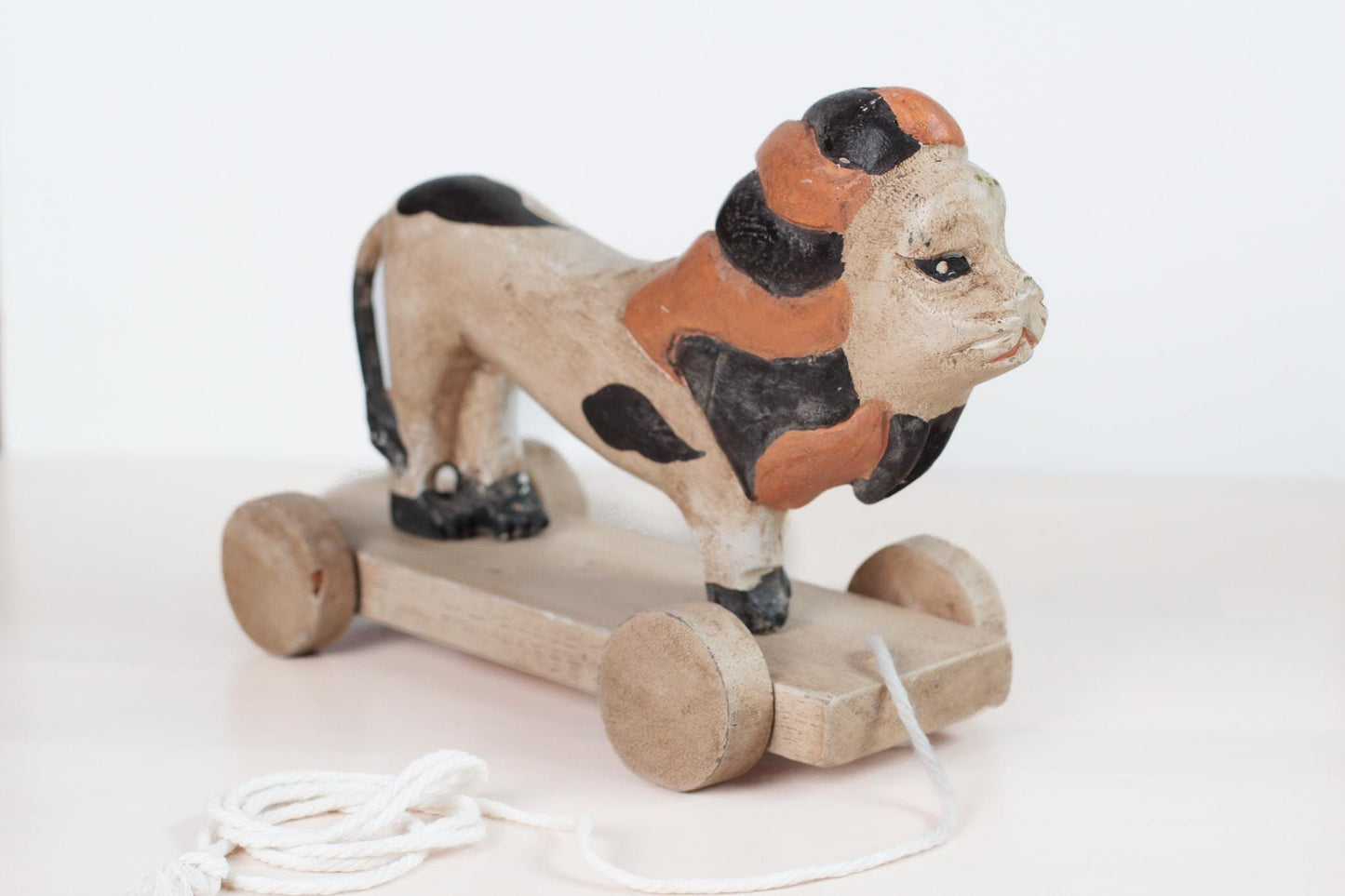 Antique 1917 Hand-Carved Painted Wood Lion Pull Toy on Wheeled Platform