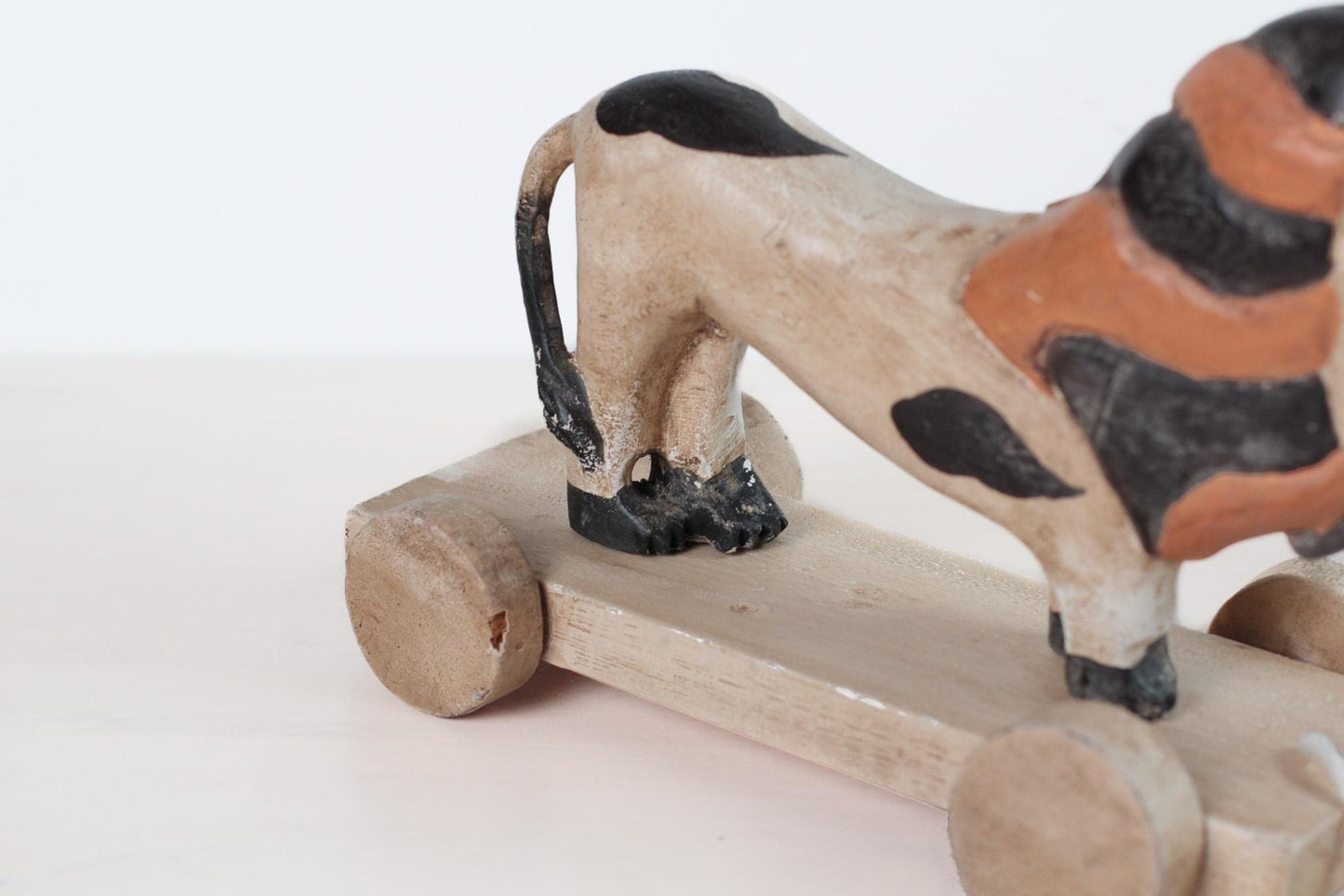 Antique 1917 Hand-Carved Painted Wood Lion Pull Toy on Wheeled Platform