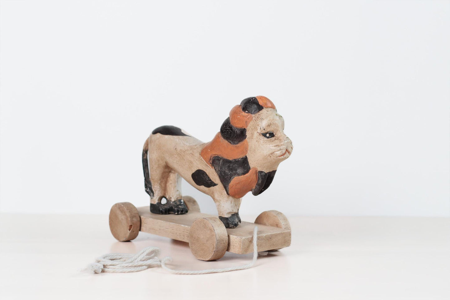 Antique 1917 Hand-Carved Painted Wood Lion Pull Toy on Wheeled Platform